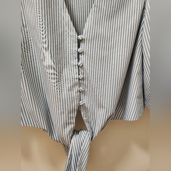 Jonathan Simkhai Ellen Blue White Stripe Cotton Oxford BabyDoll Puff Sleeve Top - Picture 7 of 16